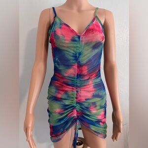 PrettyLittleThing abstract tie dye mesh ruched dress 4